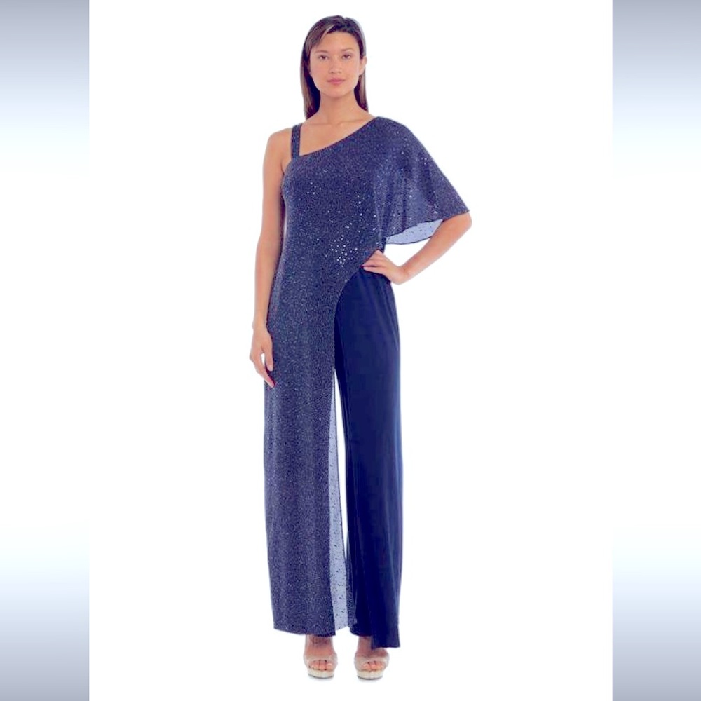 R&M Richards Asymmetric Jumpsuit with Sequined Overlay and Draped Shoulder